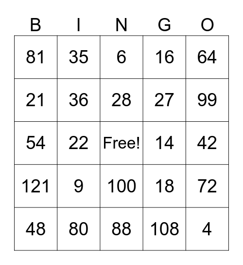 Multiplication Facts Bingo Card
