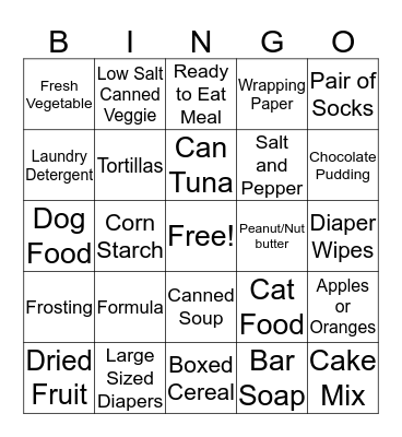 Kellen Food Drive Bingo Card