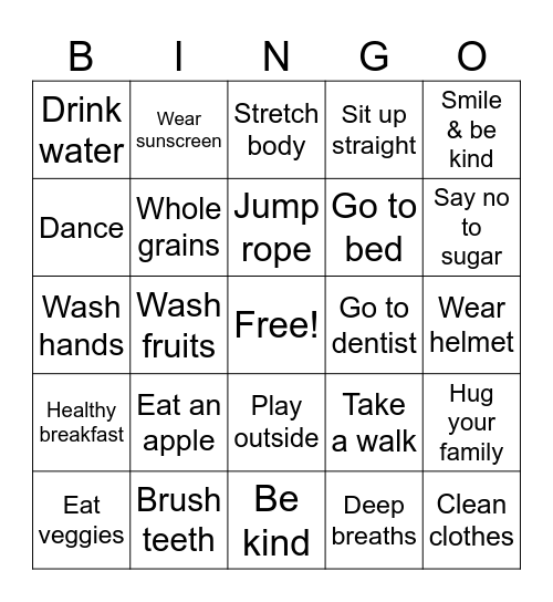 Being Healthy! Bingo Card