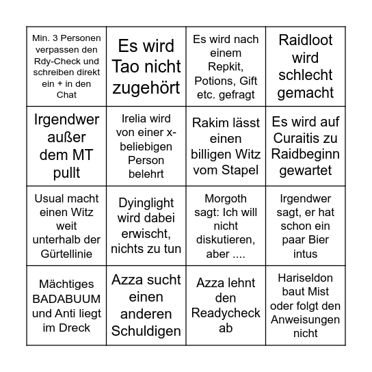 PtW Bingo Card