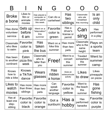 Super Classmate Bingo Card