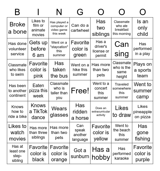 Super Classmate Bingo Card