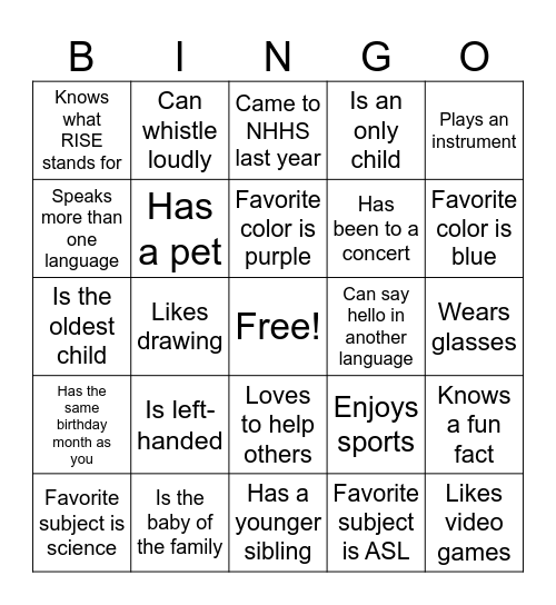 Getting to Know You Bingo Card