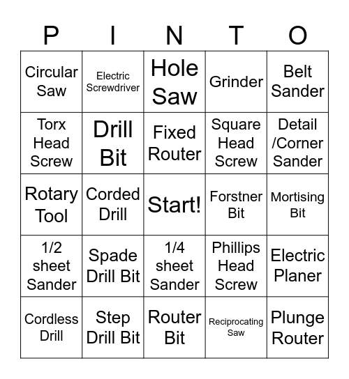 MHS Woodshop Power Tools Terms Bingo Card