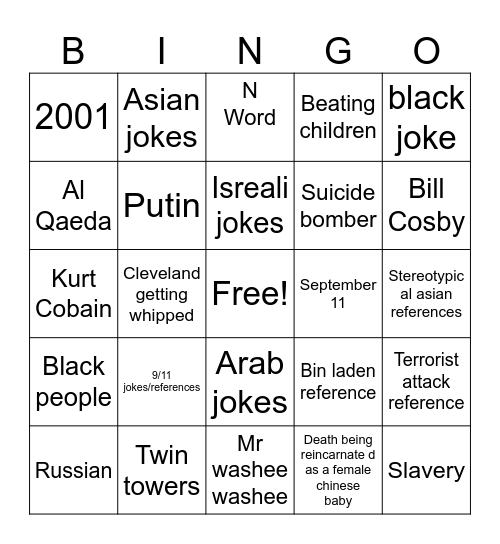 Family Guy Offensive Jokes Bingo Card