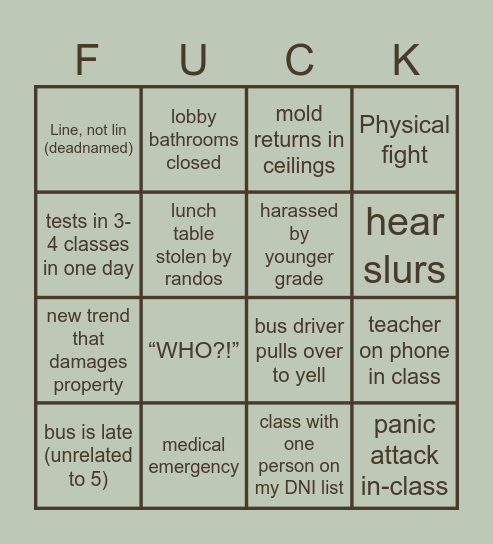 10th grade, first semester Bingo Card