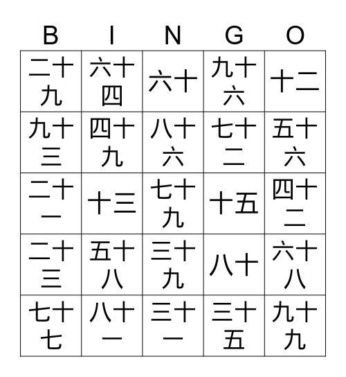 numbers 1-100 bingo Card