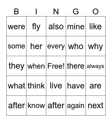 Skill 5 sight words Bingo Card