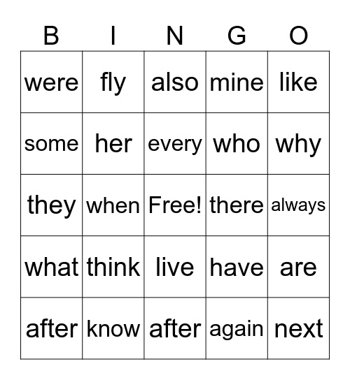 Skill 5 sight words Bingo Card