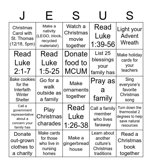 Advent Activities  Bingo Card