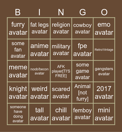 Catalog Avatar Creator Bingo Card