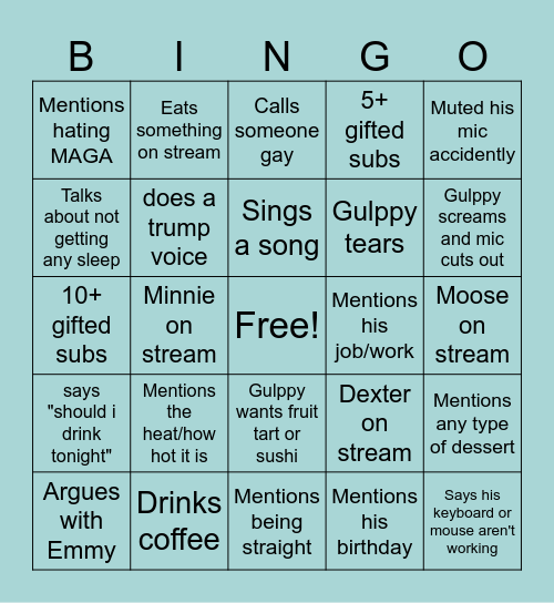 Day 1 Gulppy Streamathon Bingo Card