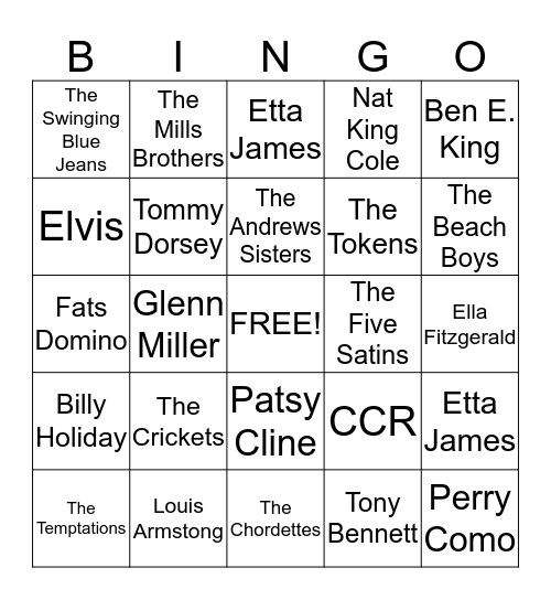 Name That Tune Bingo Card