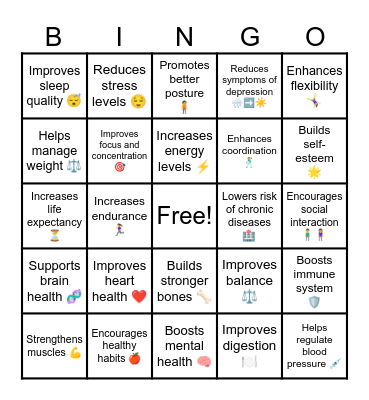 Importance of Physical Activity Bingo Card