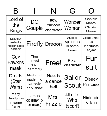 Convention Costume Bingo Card