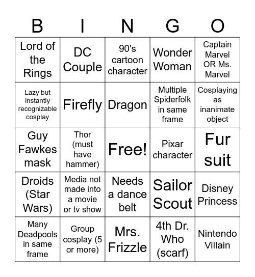 Convention Costume Bingo Card