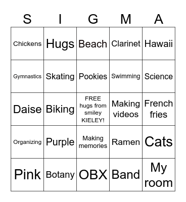 Kieley’s Birthday Sigma Bingo Card