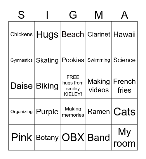 Kieley’s Birthday Sigma Bingo Card