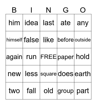 Word Wall Words Bingo Card