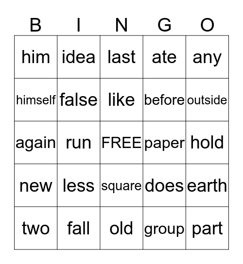 Word Wall Words Bingo Card