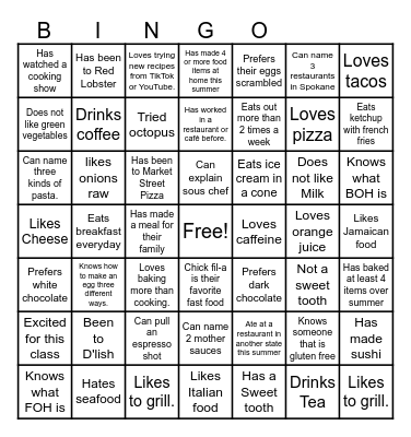 Welcome to Culinary Arts Bingo Card