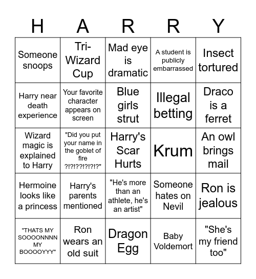Goblet of Fire Bingo Card