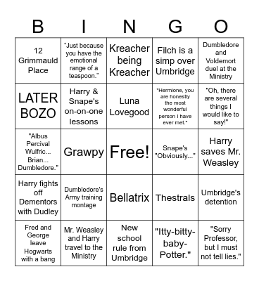 Harry Potter and the Order of the Phoenix Bingo Card
