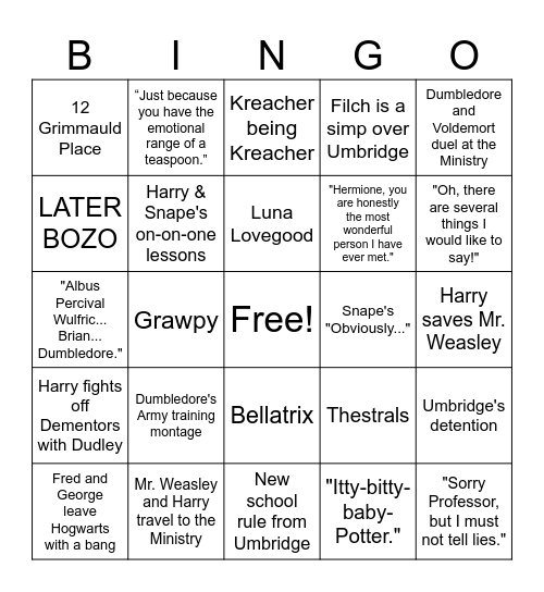 Harry Potter and the Order of the Phoenix Bingo Card