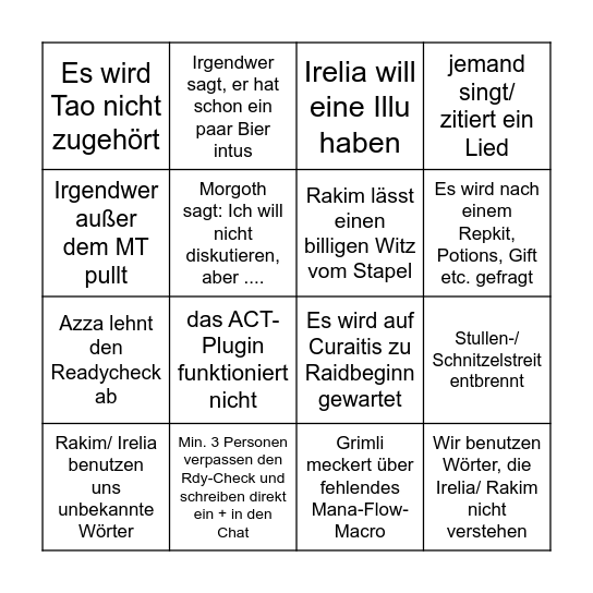 PtW Bingo Card