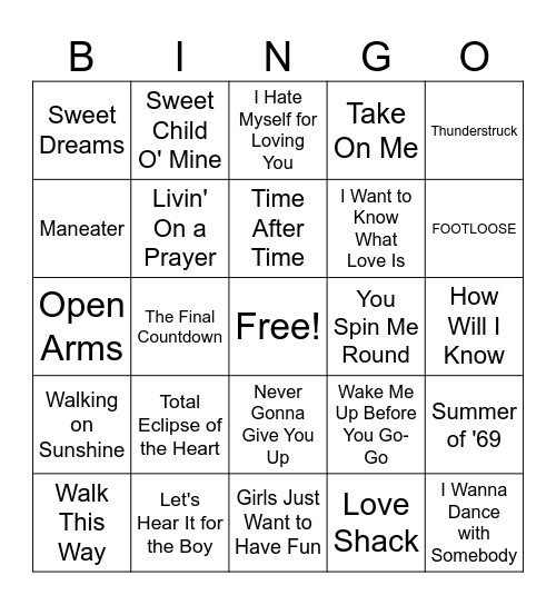 80's Hits Music Bingo Card