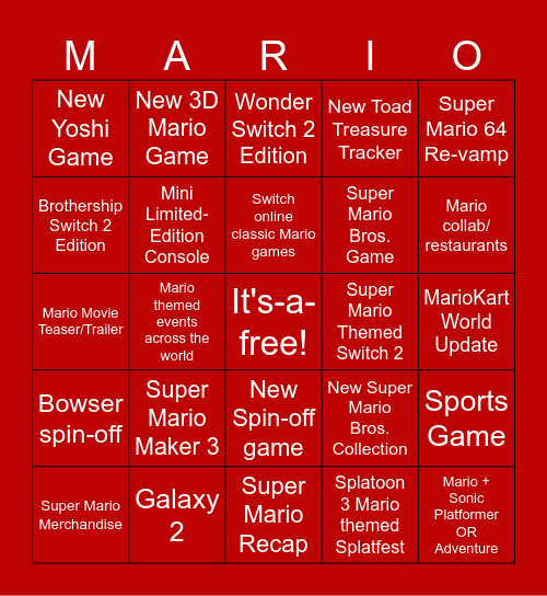 Super Mario 40th Anniversary Predictions Bingo Card