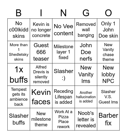 Slasher update Bingo Card