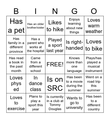 New Student Bingo Card