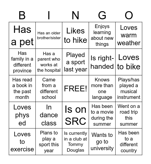 New Student Bingo Card