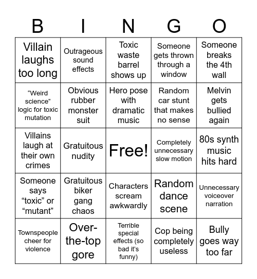 The Toxic Avenger 1984 Bingo Card