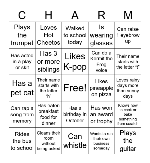 8Charm Find someone who... Bingo Card