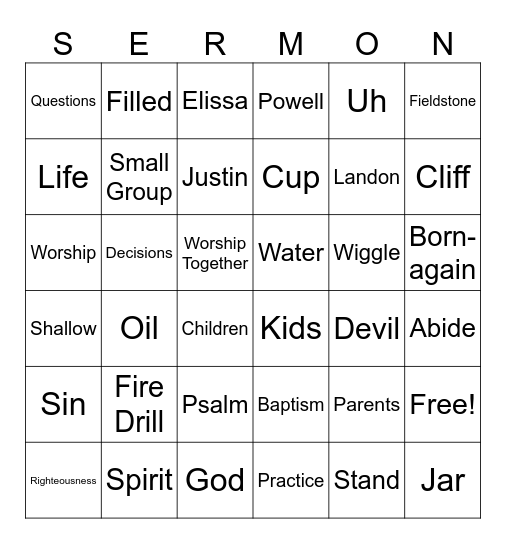 Worship Together August 31 Bingo Card