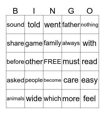 Word Wall Words Bingo Card