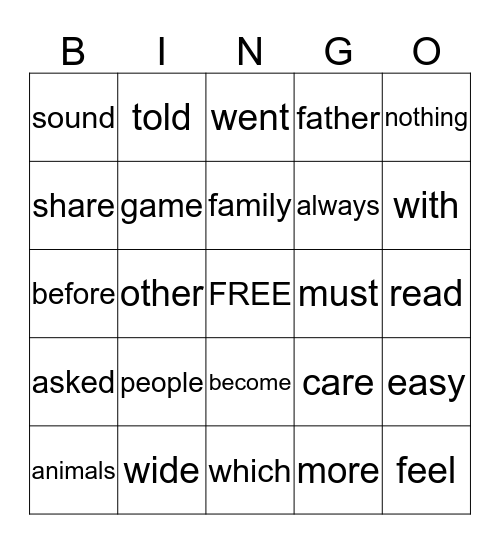 Word Wall Words Bingo Card