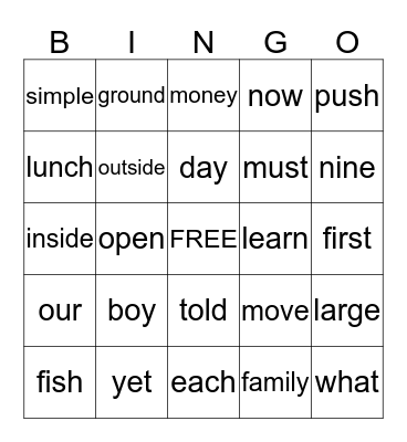 Word Wall Words Bingo Card