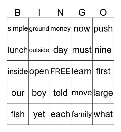 Word Wall Words Bingo Card