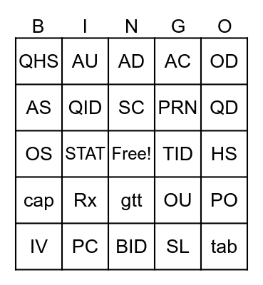 Medical Abbreviations Bingo Card