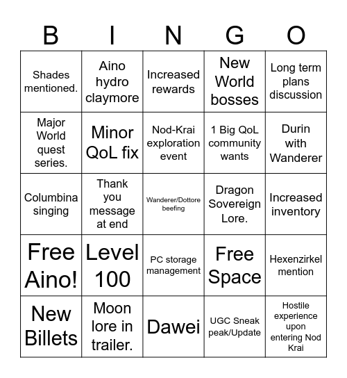 Nod Krai Bingo Card