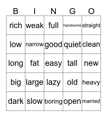 Opposites Bingo Card