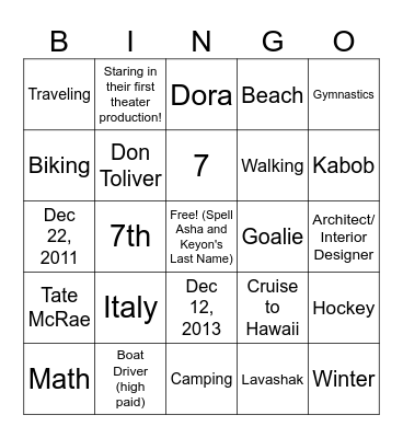 Asha and Keyon Bingo Card