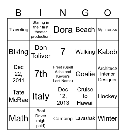 Asha and Keyon Bingo Card