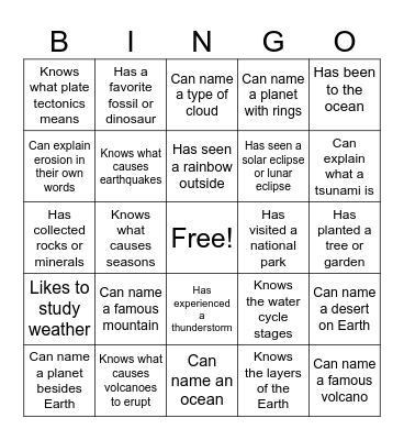 Earth Science Bingo Card