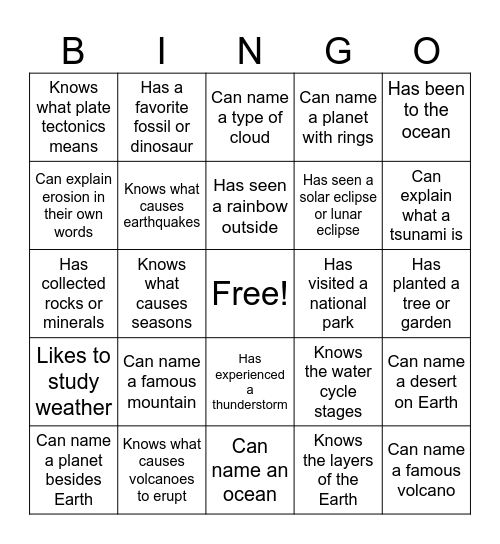 Earth Science Bingo Card