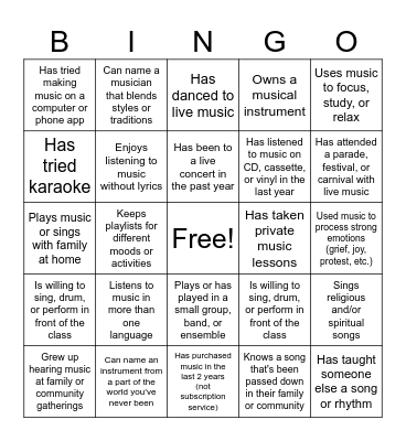Musical Bingo Card