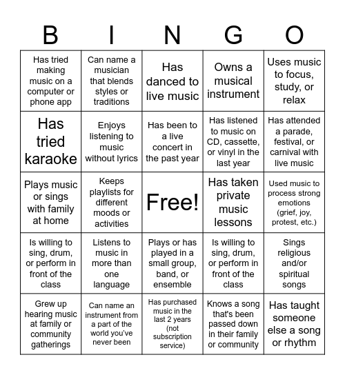 Musical Bingo Card